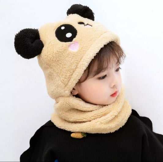 Beanie Wool Cap With Neck Warmer Attached. Kids Wool Cap Cartoon Panda Baby